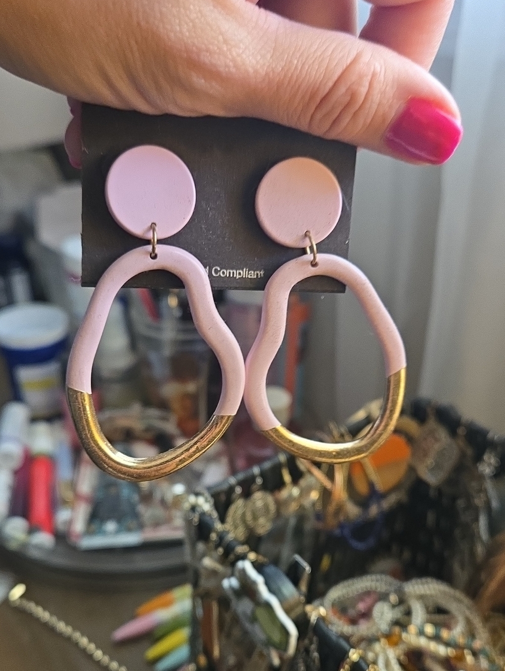 Pink and Gold Drop Hoop Earrings - Lightweight Women’s Fashion Jewelry